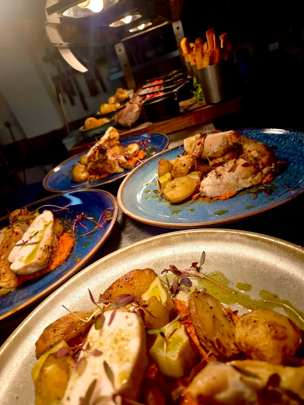 Sunday roast with Yorkshire pudding, roast potatoes and vegetables